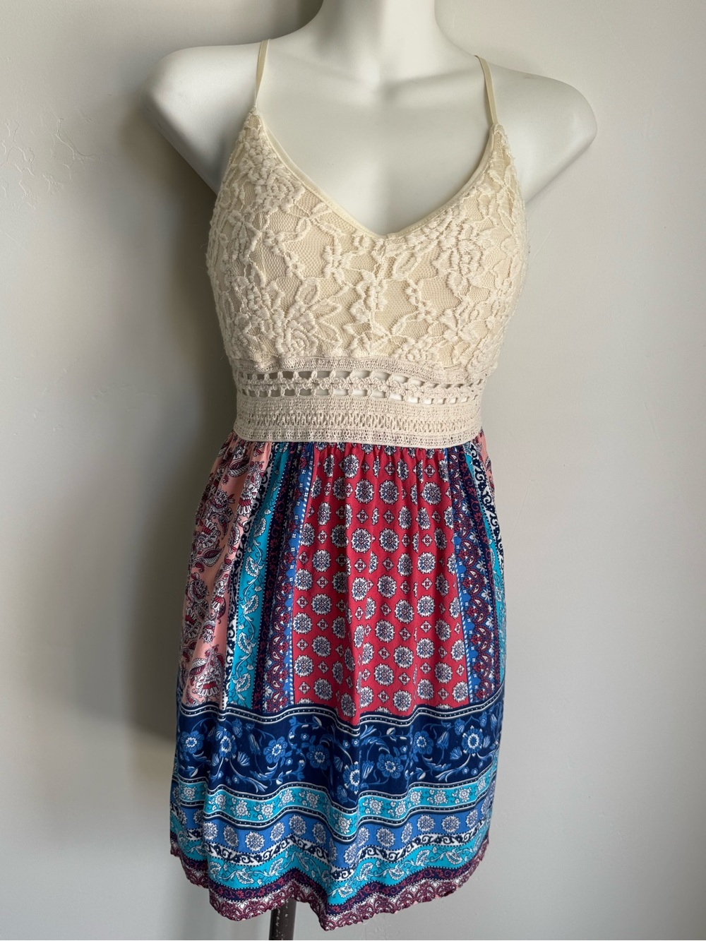 Cream Lace Bodice Mixed Print Summer Dress